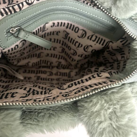 Juicy Couture Mini Tote Bag Sage Green Faux Fur Rhinestone Logo Top Handle - Picture 7 of 8